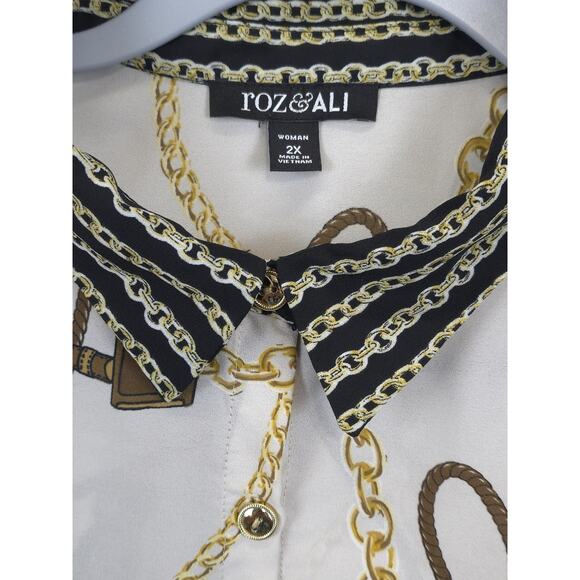 Roz & Ali Chain Strap Print Button Front Tunic Women 2X Beige Gold Long Sleeve - Picture 8 of 12